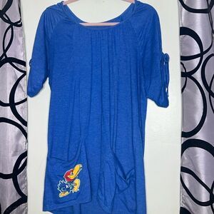 Vintage to a Tee Kansas Jayhawks Blue Short Cinched Tie Sleeve Tunic